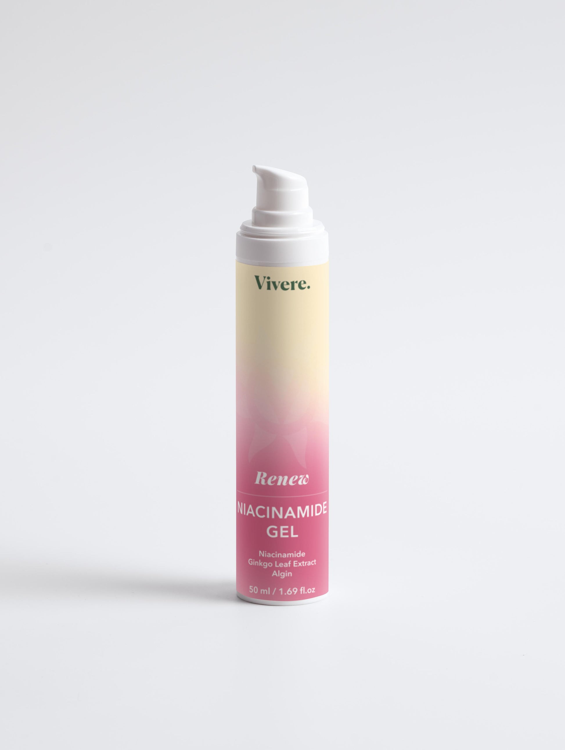 Vivere racinamide gel bottle with gradient label on a white background
