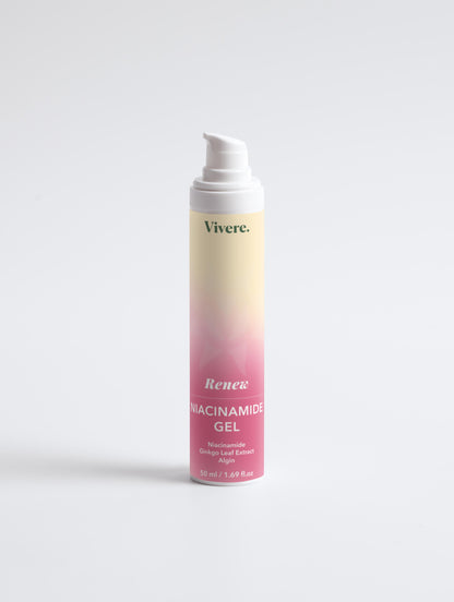 Vivere racinamide gel bottle with gradient label on a white background