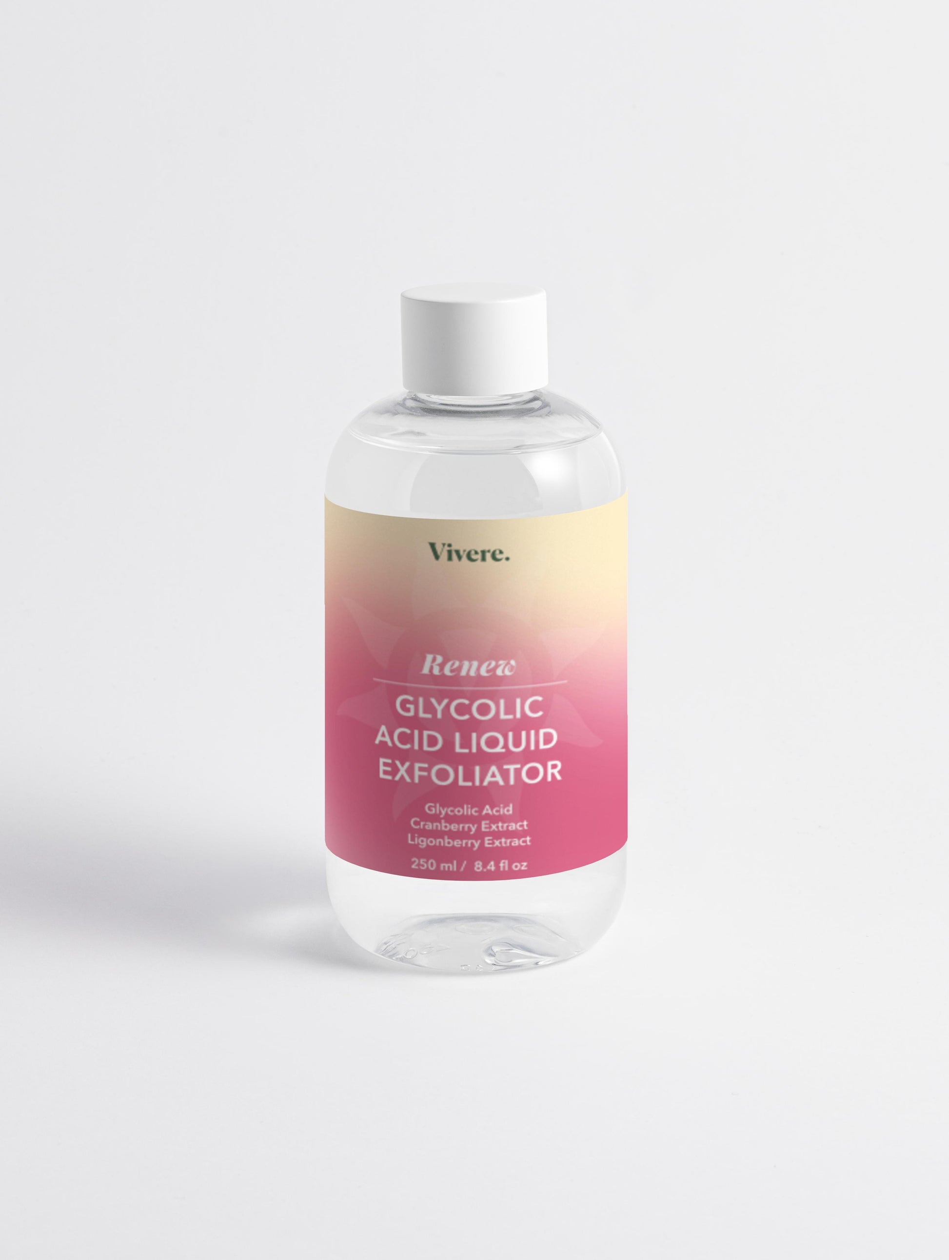 Bottle of Vivera Glycolic Acid Liquid Exfoliator on a light gray background