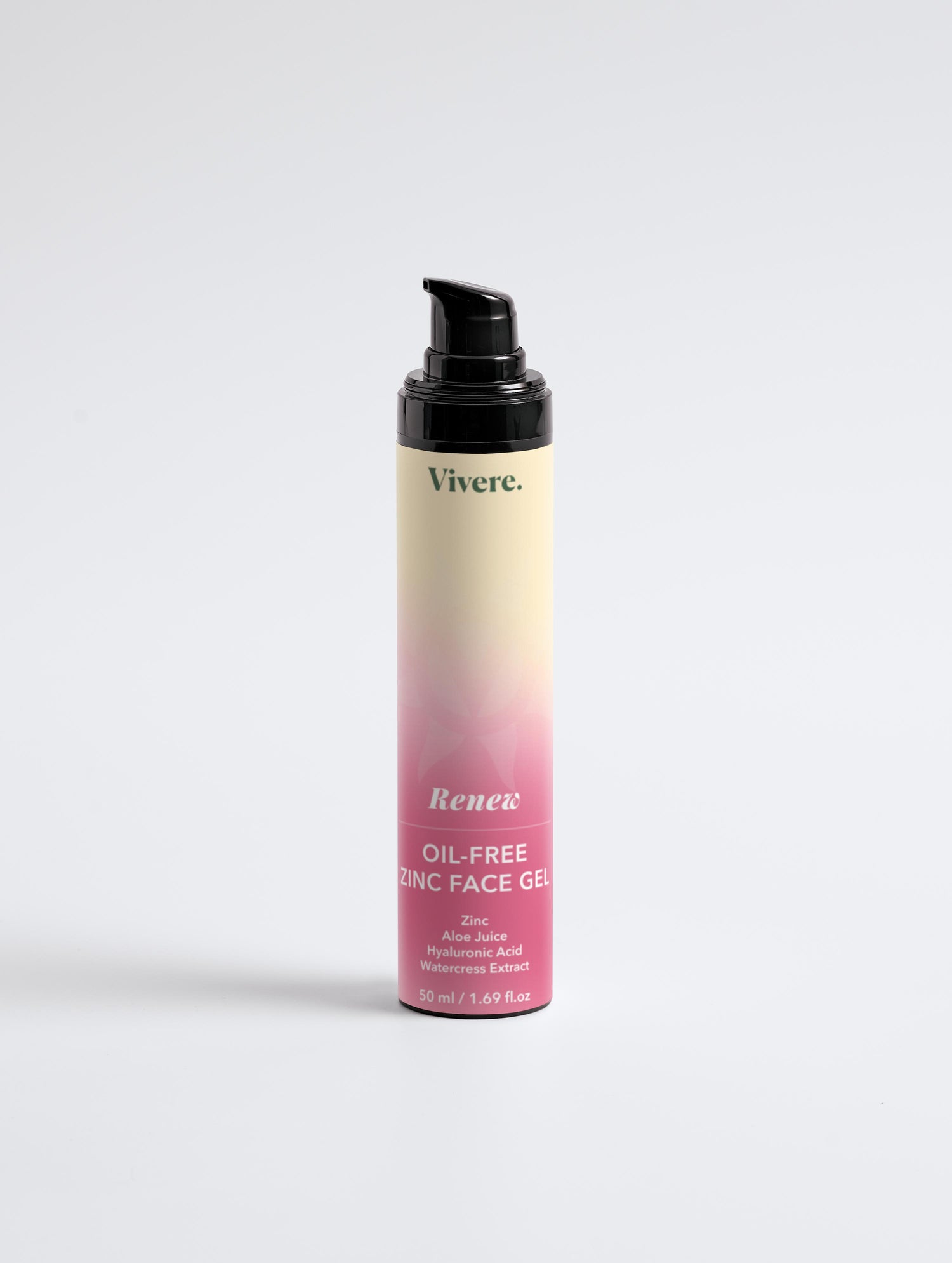 Vivere oil-free face gel bottle with gradient label on a white background