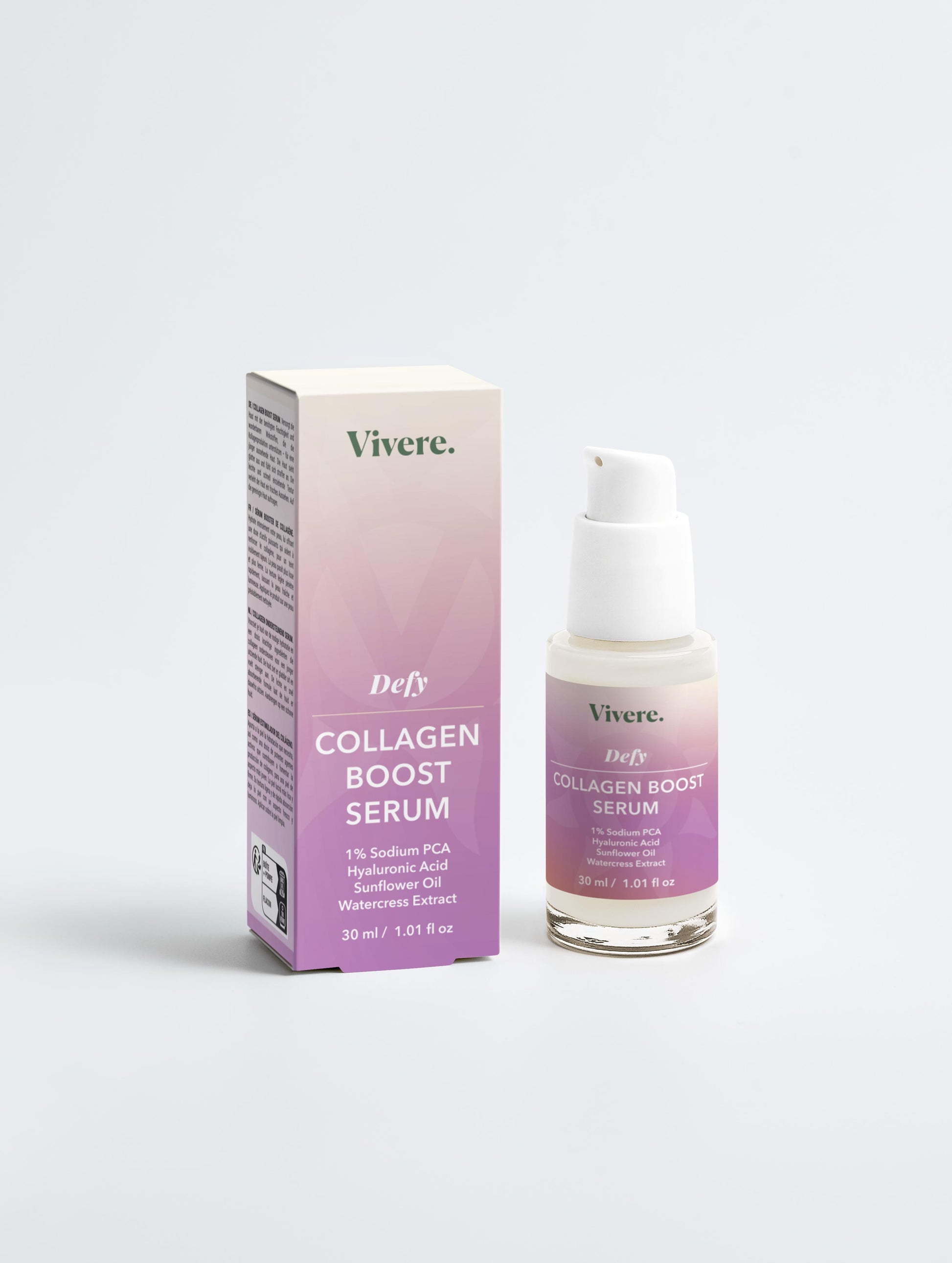 Vivere Defy Collagen Boost Serum with packaging on a white background